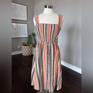 Boutique x Royal & Reese Cotton Smocked Midi Striped Dress Large